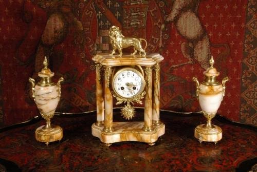 fig 1. ***** SOLD *****  Sienna Marble and Ormolu Clock Set ~ Lion,  French - Circa 1890 